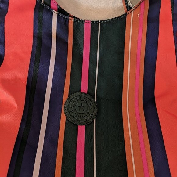 Kipling Striped Muticolor Shoulder Tote Bag Orange Green Large Canvas Straps - Picture 2 of 16